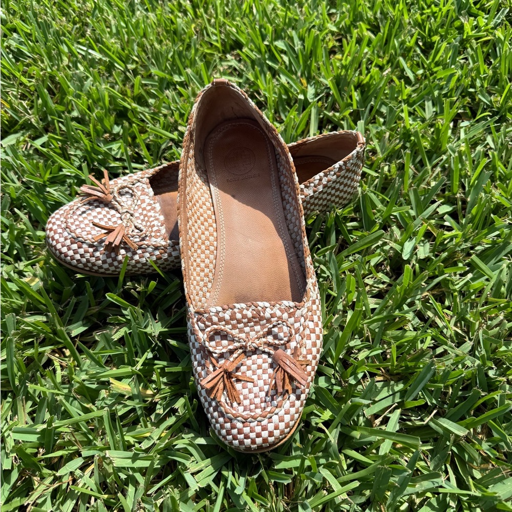 Tory Burch Brown and Cream Checkerboard Print Loafers